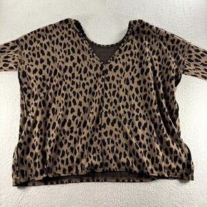 She + Sky Blouse Top‎ Womens Medium Brown Black Leopard Print Stretch V Neck